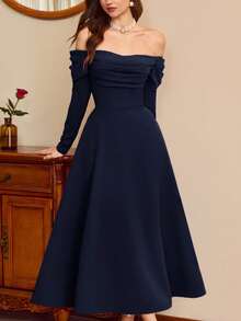 Elegant Vintage Light Blue Dress For Women With Pockets, Casual Fall Holiday Outfit For Wedding Guest, Formal Party Dress - 灰綠 - 查看 1
