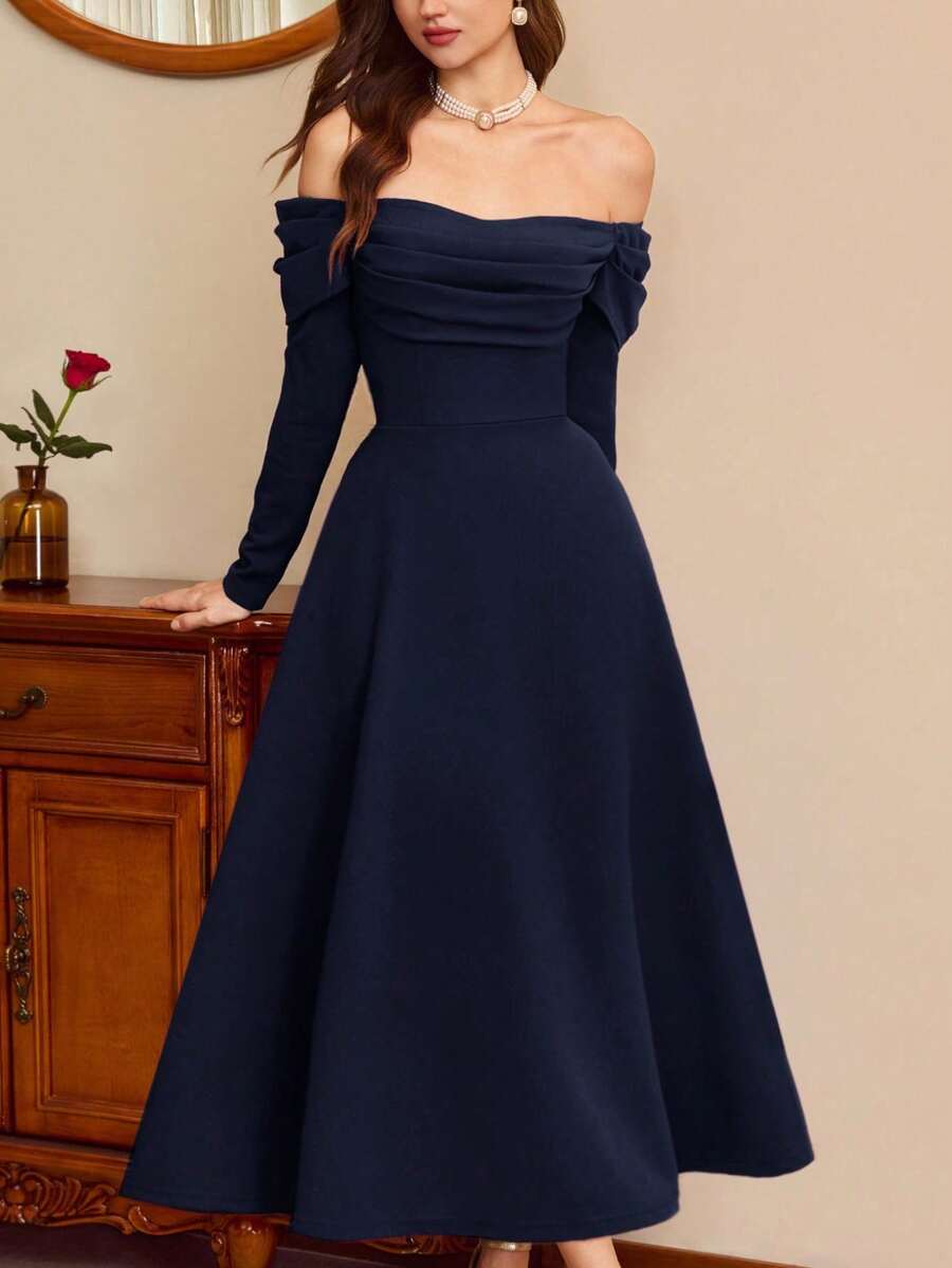 Elegant Vintage Light Blue Dress For Women With Pockets, Casual Fall Holiday Outfit For Wedding Guest, Formal Party Dress - 灰綠 - 查看 1