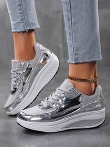 Women's Casual Sports Shoes, Road Running Shoes, Thick Sole Fashion Mom Shoes, Round Toe Lace-Up Design, Stable And Comfortable, Suitable For Daily Wear, Outdoor Walking And Travel Shoes - Silver - View 6
