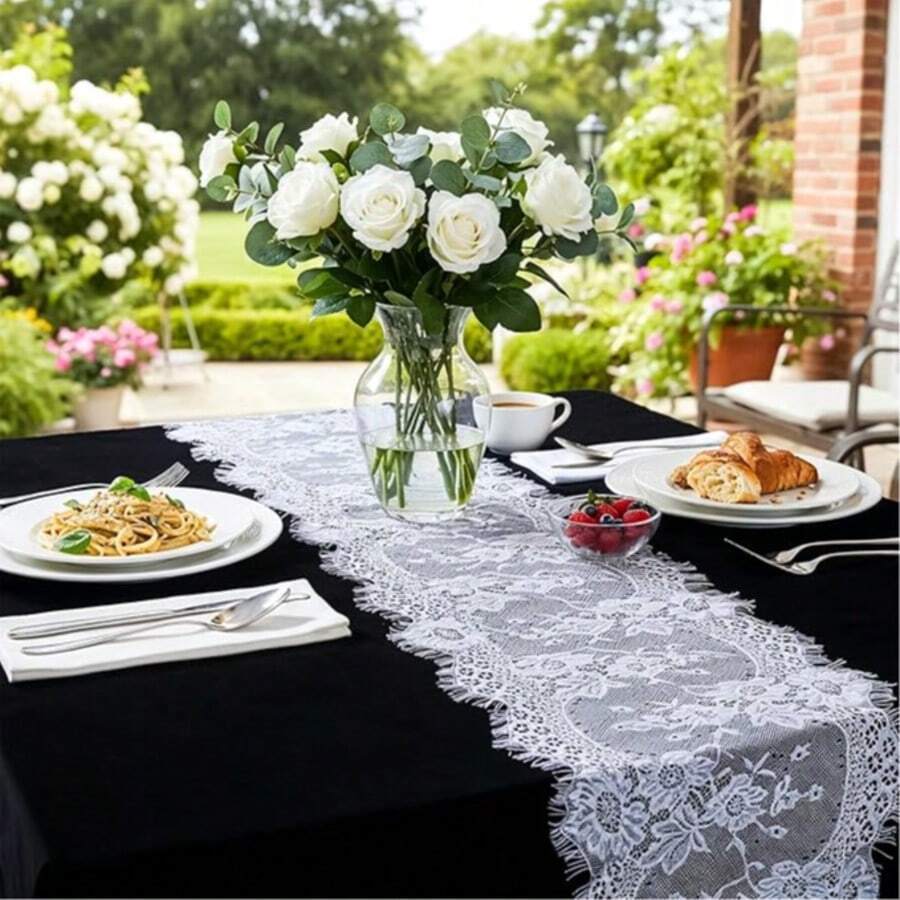 5pcs White Lace Table Runner, 14 X 120 Inch Country Vintage Floral Embroidered Tablecloth, Suitable For Wedding, Bride, Thanksgiving, Christmas, Baby Shower Party, Bohemian Style Lace Tablecloth Home Decor - 5pcs White Lace Trim - View 1