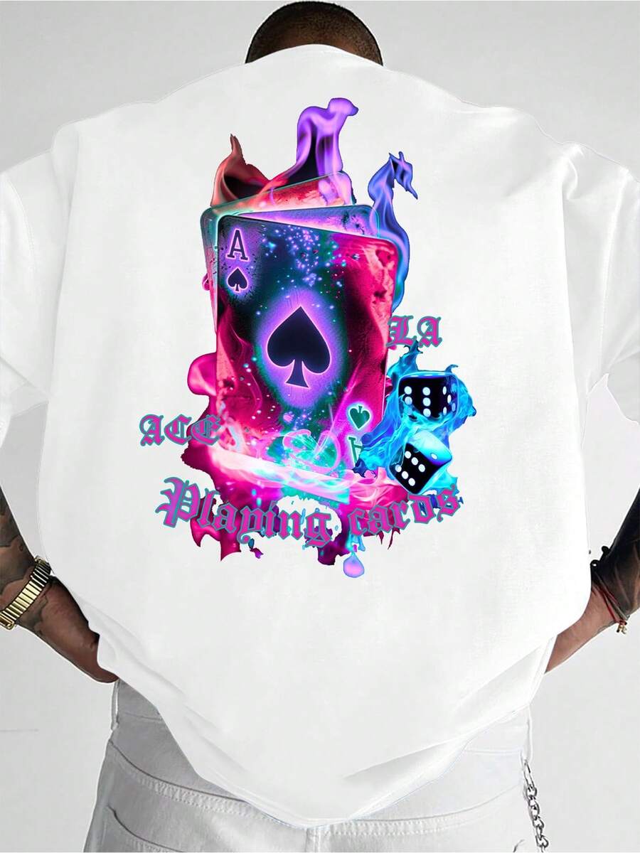 Camiseta de manga corta estilo urbano para hombre y adolescente con estampado de cartas de póker de llamas (áses/reyes/reinas) - Camisa casual de verano con cuello redondo adecuada para uso - Multicolor - Ver 1