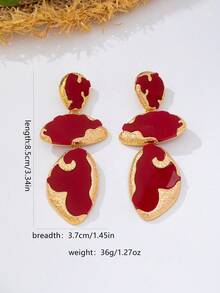 1 Pair Vintage Luxury Gold-Plated Alloy Red Enamel Three-Layer Asymmetrical Textured Dangle Earrings, Suitable For Women's Evening And Daily Wear - Red - View 3