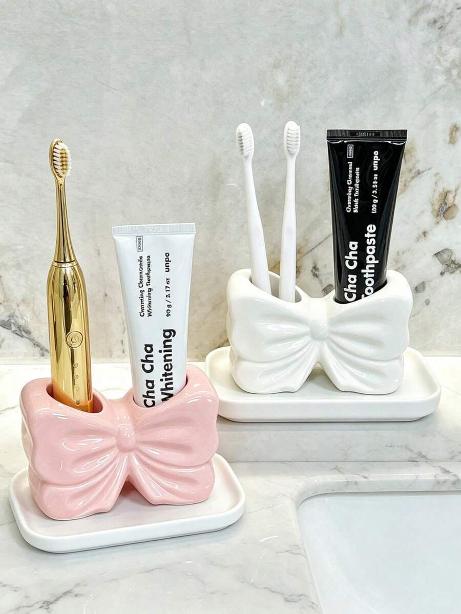1pc Dual Slot White & Pink Cute Bow Toothbrush & Toothpaste Holder Makeup Brush Organizer Bathroom Countertop Vanity Accessory Aesthetic INS Style Home Decor Bathroom Dorm Apartment Essentials
