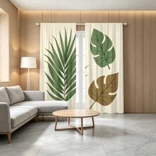 2pcs Asymmetric Plant Curtains, 2D Flat Print, Minimalist Brown & Green Tropical Leaf Design, Sheer, Polyester, Bohemian Vacation Style Rod Pocket Curtains, Suitable For Sunroom, Study, Tea Room, Cafe Commercial Space Window Decoration - Multicolor - View 8