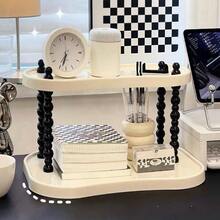 Cremeweißes doppellagiges Luxus-Stauraumregal, Acryl-/Kunststoffmaterial Ins-Stil Schreibtisch-Organizer, schwarz-weißes Perlendesign Kosmetik-Aufbewahrungsbox, Schminktisch-Parfüm- und Hautpflege-Organizer-Tablett, Wohnheim-Schreibtisch-Schreibwaren- und Sonstiges-Aufbewahrungs-Organizer, Schlafzimmer-Nachttisch-Haaraccessoires- und Lippenstift-Aufbewahrungs-Tablett - Verschiedenfarbig - Übersicht 4