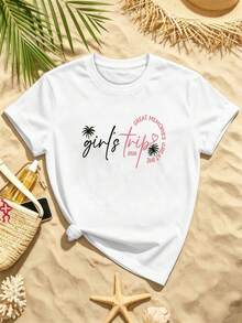 Camiseta con estampado gráfico para viaje de chicas a la playa, oto?o, tejido de primera calidad, estampado llamativo, informal, transpirable. - Blanco - Ver 2