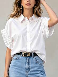 Summer Dopamine Pink Collared Puff Sleeve Shirt, French Style Loose Button-Up Blouse, Versatile Top For Work/Date/Birthday Party White - White - View 8
