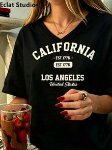 Women's Vintage California Los Angeles Graphic T-Shirt - Casual Round Neck, Short Sleeve, Cotton, Machine Washable, EST 1776 Print2025 - 黑色3 - 查看 3