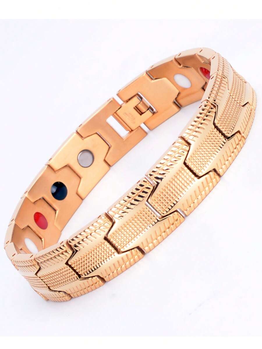 Gold Plated Textured Stainless Steel Adjustable Link Bracelet Collection - Gold Tire Tread - View 1