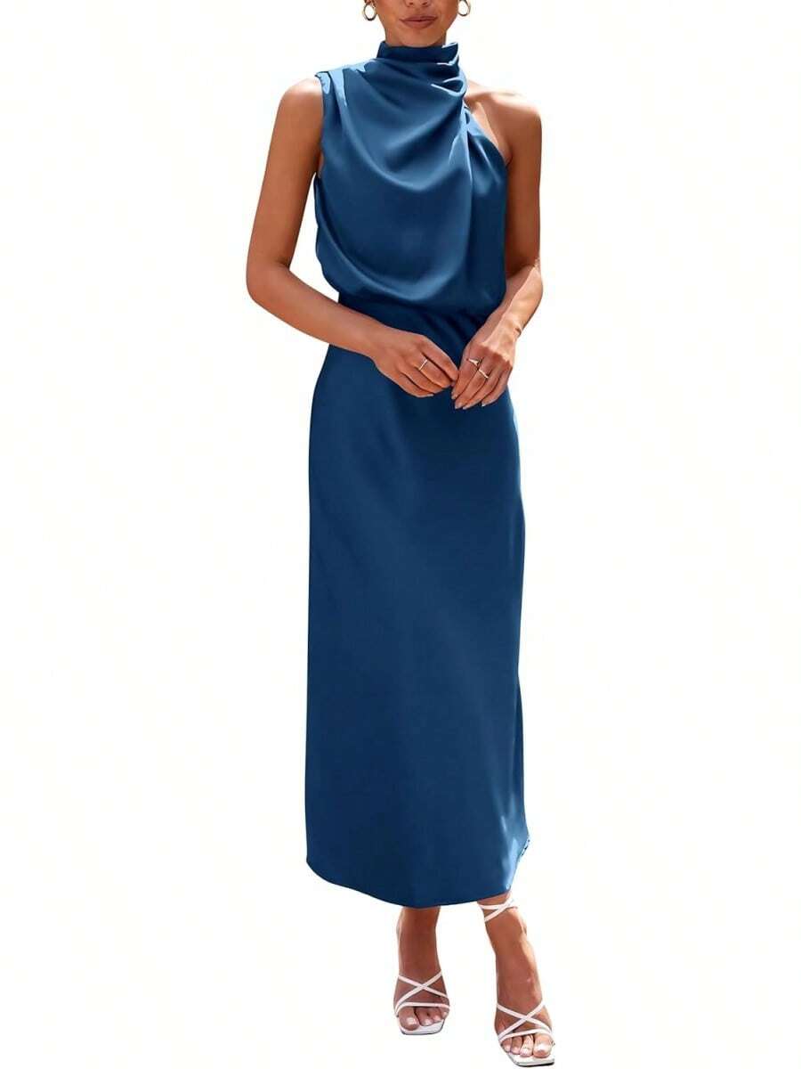 Vestido de satén elegante sin mangas con cuello alto para mujer, verano, cóctel, - Azul Oscuro - Ver 1