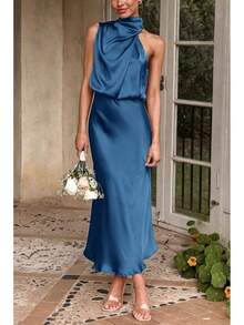 Vestido de satén elegante sin mangas con cuello alto para mujer, verano, cóctel, - Azul Oscuro - Ver 6