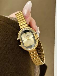 1pc Gold/Silver Square Bamboo Pattern Quartz Watch, Suitable For Daily Wear, Birthday Gift, Christmas - Gold - View 3