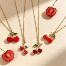 YUZENG Summer Fresh Fruit Necklace Collection, Hypoallergenic Stainless Steel, Cherry/Watermelon/Dragon Fruit Pendants, Versatile Daily Jewelry - Gold - View 3