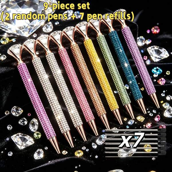 9 Piezas Nuevo Bolígrafo de Gel con Diamante Grande Brillante (2 Bolígrafos Aleatorios + 7 Recargas), con Bolígrafo de Firma de Metal Brillante con Diamante de Cristal y Strass, Bolígrafo de Firma de Metal de Alta Gama, Tinta Negra de 1.0mm, Adecuado para Escuela, Oficina, Boda, Regalo de Festival