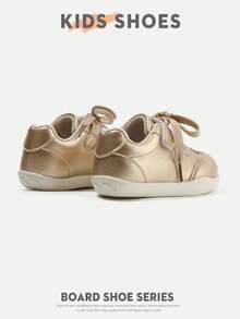 1 Pair Low-Top Round Toe Flat Sneakers For Toddlers And Young Children, Woven Lace-Up Design With Decorative Line Pattern, Minimalist Gentle Style, Suitable For Daily Wear, Holiday Outings, First Birthday Looks And More [Choose By Actual Cm Inner Length] - Gold - View 2