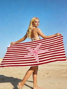 1pc Red Striped Beach Towel, Minimalist Striped Starfish Print Large Beach Towel, Ultra-Fine Fiber Quick-Dry Absorbent Sand-Resistant Beach Towel, Towel, Suitable For Travel, Swimming Pool, Diving, Surfing, Yoga, Camping, Beach Party And Party Decoration Beach Towel, Essential For Summer Beach Travel, Vacation Bathroom Decoration Water Party Multi-Functional Beach Towel - Bright Red Stripes - View 6