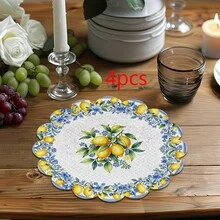 1/2/4/6/8/300PCS 36cm Wavy Round Placemats, 2 Blue Porcelain Lemon Designs. 100% Woven Polyester, Washable, Heat & Waterproof, For Kitchen Table Decor. - Multicolor - View 14