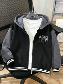 Tween Boys' Casual Sports College Style Vintage Hooded Jacket, Autumn/Winter - Black - View 2