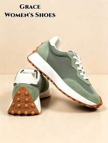 Women's Lightweight Running Shoes, Lace-Up Closure, Multi-Functional Flat Sole, Breathable Stitching Design, Multiple Colors Available, All-Season Outdoor Shoes - Green - View 7
