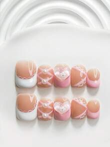 10片甜美女孩風手工穿戴甲，Polygel美甲套組，粉色3D愛心設計，粉色指甲油，清新風格，含美甲工具，3種尺寸可選，方型/短方型/杏仁型，適合派對、跳舞、日常配戴 - 彩色 - 查看 20