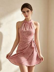 ELYRADIA Gaun Pendek Bodycon Tanpa Punggung Motif Polkadot Merah Muda Musim Panas untuk Wanita, Gaun Mini Pesta Klub Elegan dengan Simpul Samping dan Detail Kerut di Bagian Bawah. - Berwarna merah muda - View 4