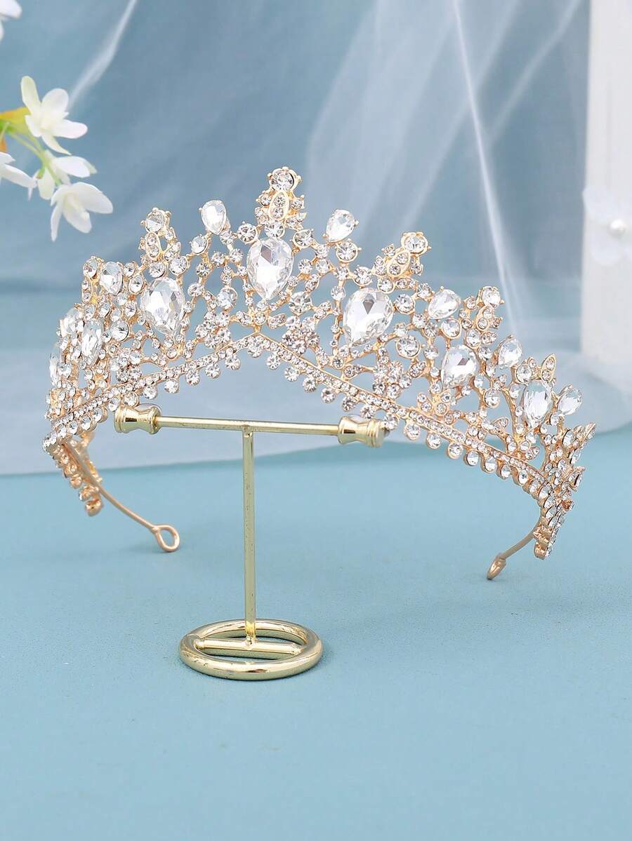 1件金色巴洛克新娘奢華皇冠 婚禮舞會派對水鑽頭飾