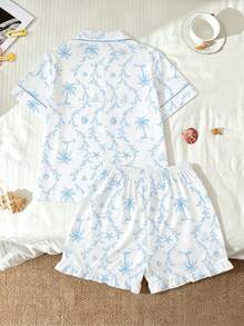 2pcs/Set Tween Girl Shell Print Short Sleeve Pajamas, Children's Fashion Sleepwear Short Sleeve Shirt And Ruffle Hem Shorts Set, Cartoon Shell, Seashell, Starfish Print, Suitable For Children And Teenagers Daily, Outgoing, And Home Wear - White - View 2
