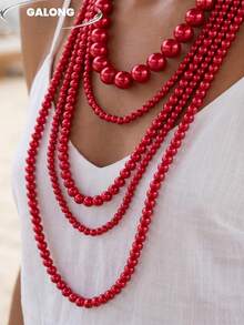 Collar de perlas de varias capas hecho a mano, exquisito y versátil para banquetes - Rojo - Ver 3