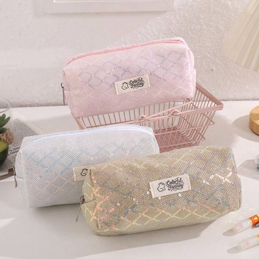 Trousse à crayons style Ins très attrayante avec motif de grille de losanges à paillettes, sac de papeterie en canevas grande capacité pour étudiants, pochette de rangement minimaliste résistante à la saleté - multicolore - Voir 1