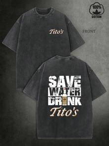 Tito's Vodka Inspired Washed Cotton Oversized T-Shirt, "Save Water Drink Tito's" Graphic Tee,230G Washed Cotton High-Quality Cotton Printed Men's High-End T-Shirt, Not Easily Deformed Or Shrunk, Creative And Personalized T-Shirt For Wine Culture, Suitable For Parties, Street Retro And Commuting Formal Wear, Is A Good Choice For Wine Culture Enthusiasts And Fans - 黑色 - 查看 1