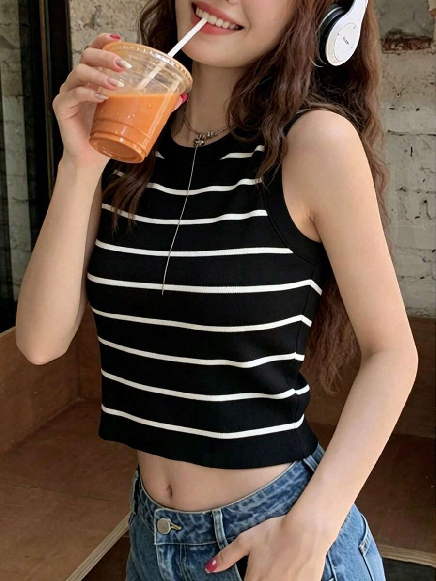 美式復古條紋針織女款夏季性感修身短版露腰背心,隨機拼接黑色 - 黑色 - 查看 1