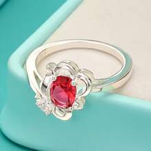 925 Silver Plated Flower Red Zirconia Szie 7/8/9/10 Ring For Women Wedding Engagement Fashion Charm Jewelry - Silver - View 1