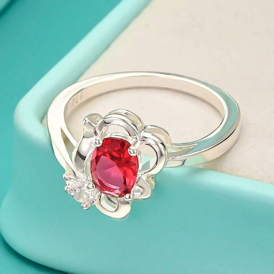 925 Silver Plated Flower Red Zirconia Szie 7/8/9/10 Ring For Women Wedding Engagement Fashion Charm Jewelry - Silver - View 1