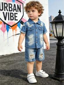 Denim 2Pcs Outfit,Denim Short Sleeve Shirt,Ripped Jean Shorts Young Boys Gradient Washed Distressed Street 4-7Y Summer Skate Daily Outfit - Blue - View 7