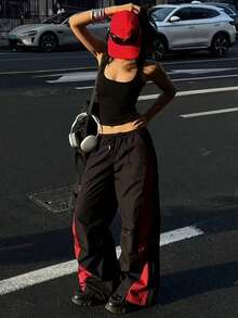 Women's Fashion New Contrast Color Patchwork Pocket Drawstring Casual Pants, Loose Straight Leg Wide Leg Cargo Pants, Versatile Slimming Slouchy For Daily Wear, Vacation, Sports, Dance, Spring Summer Autumn Winter All Seasons - Black and Red - View 6