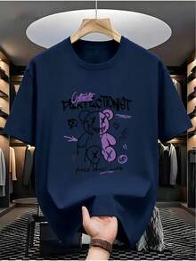 Men's T-Shirt With A Melting Purple Teddy Bear Print, European And American Urban Style, With X-Shaped Eye Stitching And Mouth Detail, Dark Gothic And Graffiti Style. - 灰色 - 查看 8