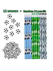 24 PCS Football For Party Pencil Eraser Set | Includes 12 Random Pattern Pencils 12 Erasers | Football Sports Theme Design | Hot , First Day Of School - Multicolor - View 2