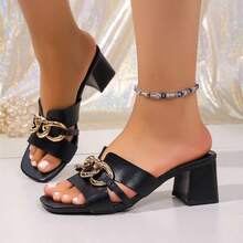 Women's Square Toe Metal Chain Chunky Heel Sandals, Multi-Functional Open Toe High Heel Mule Shoes, Suitable For Outdoor Wear, Summer Fashion Sandals - Black - View 6