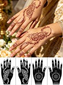 2 Pairs Floral Henna Hollow Stencil Mandala Flower Hand & Foot DIY Tattoo Template, Reusable Self-Adhesive Stencil For Wedding, Exotic Style, Festival Decoration - Black - View 1