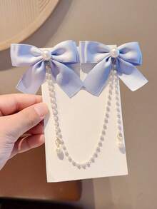 2 pezzi Fermagli per capelli con fiocco in raso, bastoncini per capelli con fiocco e nappe a catena di perle, accessori decorativi alla moda per capelli da ragazza - Multicolore - Visualizzare 7