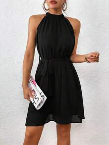 Sleeveless Solid-Color Halter Dress, Fashionable For Summer - Black - View 1