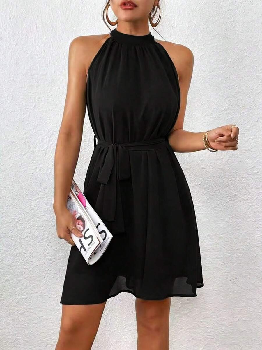 Sleeveless Solid-Color Halter Dress, Fashionable For Summer - Black - View 1