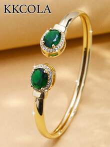 KKCOLA 2pcs Summer Fashion Geometric Green Zirconia Bracelets, Party Vacation Beach Jewelry For Women, Holiday Gift - Yellow Gold - View 4