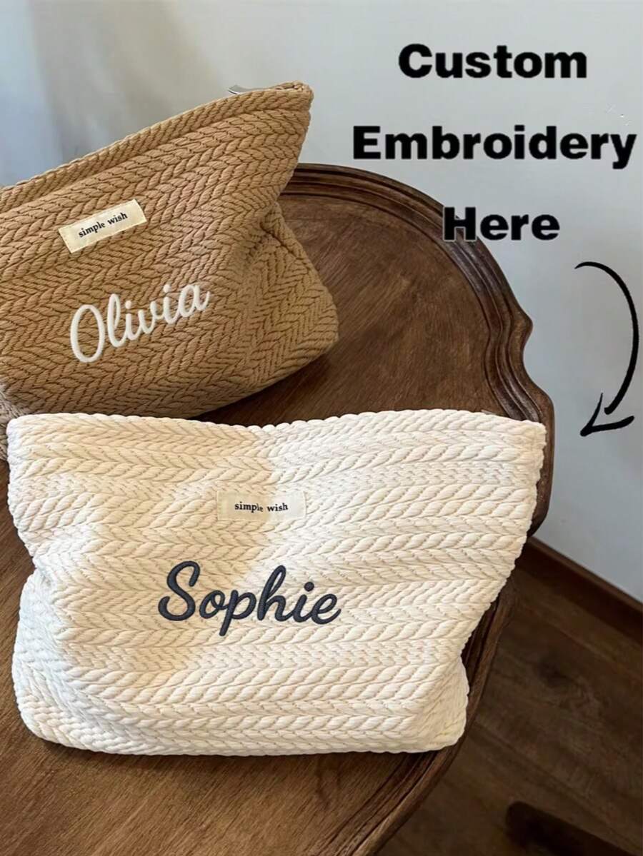 客製化刺繡女款個性化麥穗圖案編織托特包,優雅極簡設計旅行盥洗包,大容量拉鍊化妝收納袋,便攜日常收納包,時尚禮品首選,旅行必備 - 彩色 - 查看 1