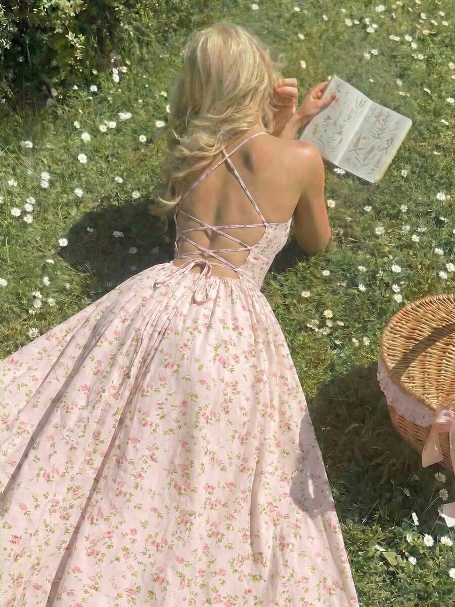 Vestido largo elegante de mujer con estampado floral y diseño de cordones en la espalda, vestido midi de verano con espalda descubierta, vestido midi floral ajustado con cordones en - Rosa - Ver 1