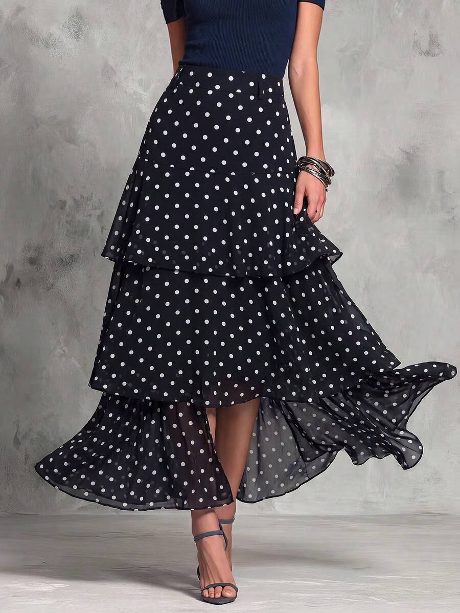 Rok A-Line Chiffon Wanita Warna Hitam & Putih Kontras dengan Rumbai dan Hem Asimetris, Gaya Kasual, Kencan, Pertemuan Sosial Ringan, Gaya Elegan Prancis - Hitam dan Putih - View 1