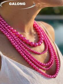 Collar de perlas multicapa versátil y exquisito hecho a mano para banquetes - Rosa Fucsia - Ver 3