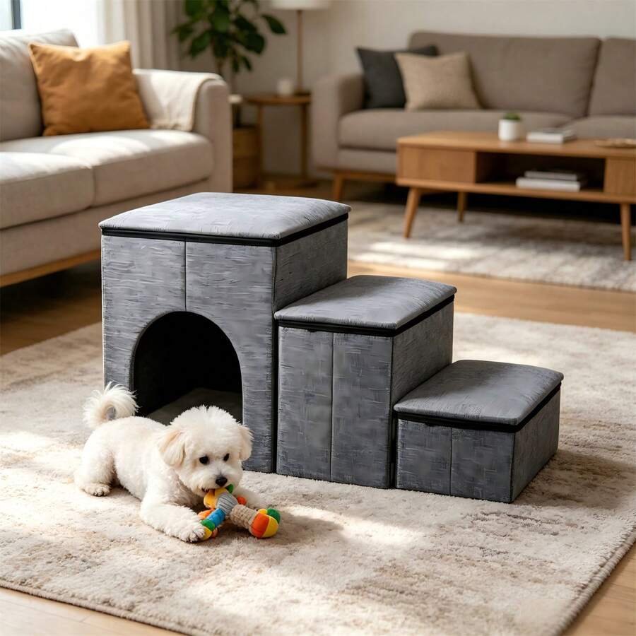 3-Step Pet Stairs With Storage & Cozy Condo, Foldable Dog Steps For High Bed/Couch, Non-Slip, 165 Lbs Capacity, Easy Assembly - 灰色 - 查看 1