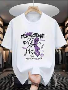 Camiseta de hombre con estampado de oso de peluche morado derretido, estilo urbano europeo y americano, con costuras en forma de ojo en X y detalle de boca, estilo gótico oscuro y graffiti p - Burdeos - Ver 6