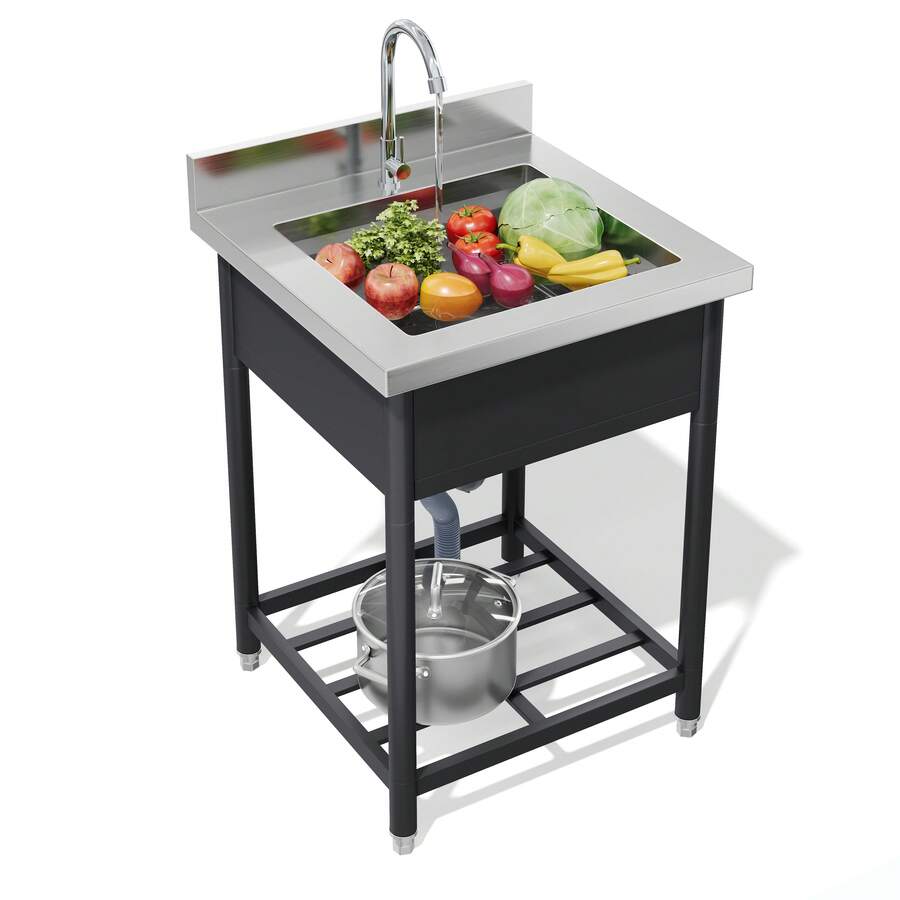 Freestanding Stainless Steel Sink For Outdoor Use, 60x60cm, With Tap And Drain, Including Shelf, Spacious Single-Basin Design, Suitable For Kitchen, Garden, Workshop And Commercial Use - 黑色 - 查看 1